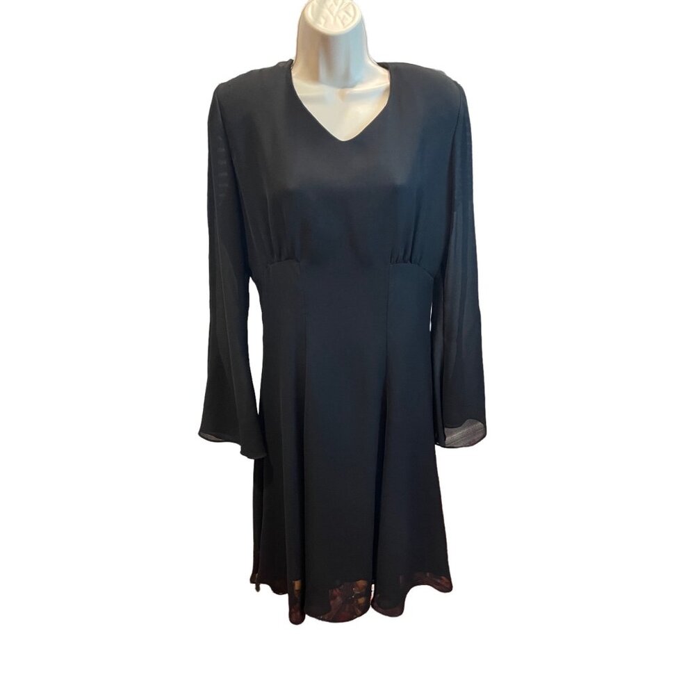 Moda Intl Womens Black Long Sleeve Dress Size 4 Sheer Sleeves Floral Hem Elegant
